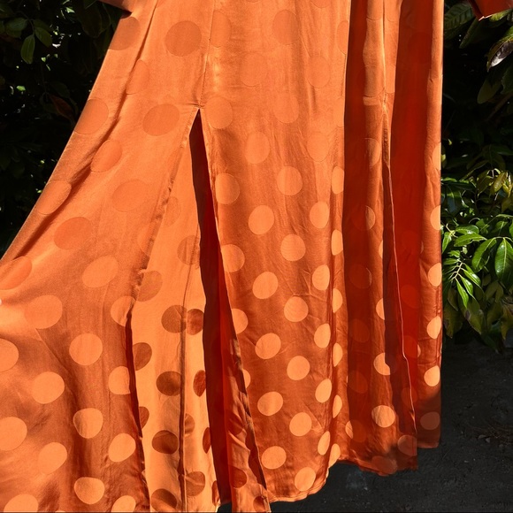 CAPULET Evelyn - Rust Orange dot satin tie front long sleeve midi dress, Size M - Picture 8 of 10
